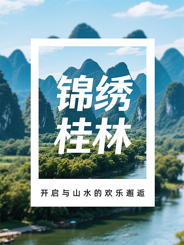 创意文本框居中，主标题文字内容为“锦绣桂林”，副标题小字位于画面底部，文字内容为“开启与山水的欢乐邂逅”，背景为桂林山水实景照片