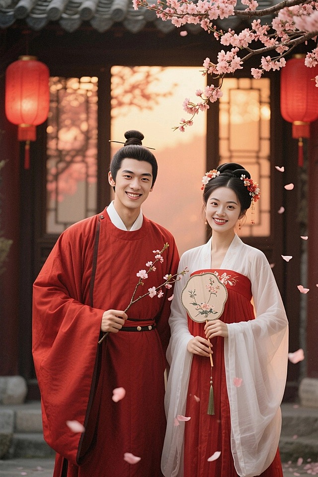 古风情侣写真，男子束发，身着红色古风长袍，女子梳发髻、插花朵，穿红白配色古风裙装。古代庭院背景，有传统门窗、黄昏暖光、红色灯笼、一棵桃花树。男生手拿桃花枝，女主手持精致团扇。飘落花瓣增添意境。两人面带微笑自然地看向镜头。
