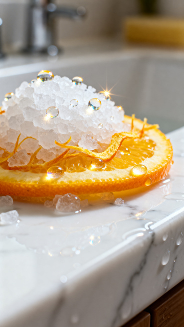 微距摄影，一把闪闪发光的白色浴盐晶体混合着充满活力的橙色橙皮，放置在潮湿的白色大理石浴室台面上，背景柔和虚化，带有发光水滴代表氨基酸，明亮通透的美学风格，黄白色调主题，高细节，纹理对焦清晰预览效果