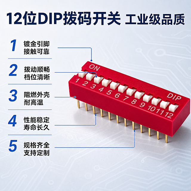 [主图-2] DIP拨码开关核心卖点编号导图，突出产品优势亮点。
[氛围风格] 工业电子元件专业品质风，信息清晰，精密可靠；
[画质] 商业摄影质感、光线柔和通透、产品清晰真实、画面干净高级。
[元素] 画面右侧主体为红色12位DIP拨码开关正面放大特写，占画面约55%，45度斜侧视角。左侧为卖点编号导区域，用引线从产品各部位引出对应卖点。背景为浅灰蓝色渐变科技底，带有极淡的电路板纹理暗纹。保持拨码开关外观（红色外壳、白色拨键、镀金引脚、数字编号、ON/DIP标识）与输入产品图保持绝对一致，杜绝任何变形和色差。
[光影] 左上方主柔光，右侧产品受光均匀，红色外壳色彩饱和，镀金引脚高光清晰，白色拨键干净明亮，底部投影柔和。
[配色] 主色浅灰蓝科技底；辅色产品红、深蓝标题色；强调色金色引脚、亮蓝引线。
[视角构图] 45度斜侧平视，产品偏右，左侧留负空间放卖点文字；景深中等，产品轮廓完整。
[文字版式] 顶部主标题：「12位DIP拨码开关 工业级品质」，深蓝色大号粗体无衬线。左侧竖排5条编号卖点，每条编号大字蓝色，卖点文字黑色，引线从产品对应部位引出：1号从引脚引出「镀金引脚 接触可靠」，2号从拨键引出「拨动顺畅 档位清晰」，3号从外壳引出「阻燃外壳 耐高温」，4号从整体引出「性能稳定 寿命长久」，5号从底部引出「规格齐全 支持定制」。每条文字大小对比鲜明，编号醒目。文字全部左对齐，放在左侧负空间，不遮挡产品主体。
[输出要求] 1:1比例，文字清晰可辨，超高清商业摄影质感。
[负向提示词] 变形，文字错乱，产品图模糊，背景杂乱，水印，电商平台Logo，引脚弯曲，拨键缺失。