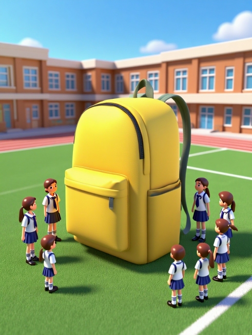 3D微缩，一个巨大的书包放置在空白操场上，学生们穿着校服，好奇围绕在周围，学校教学楼背景，明亮欢快色调。预览效果