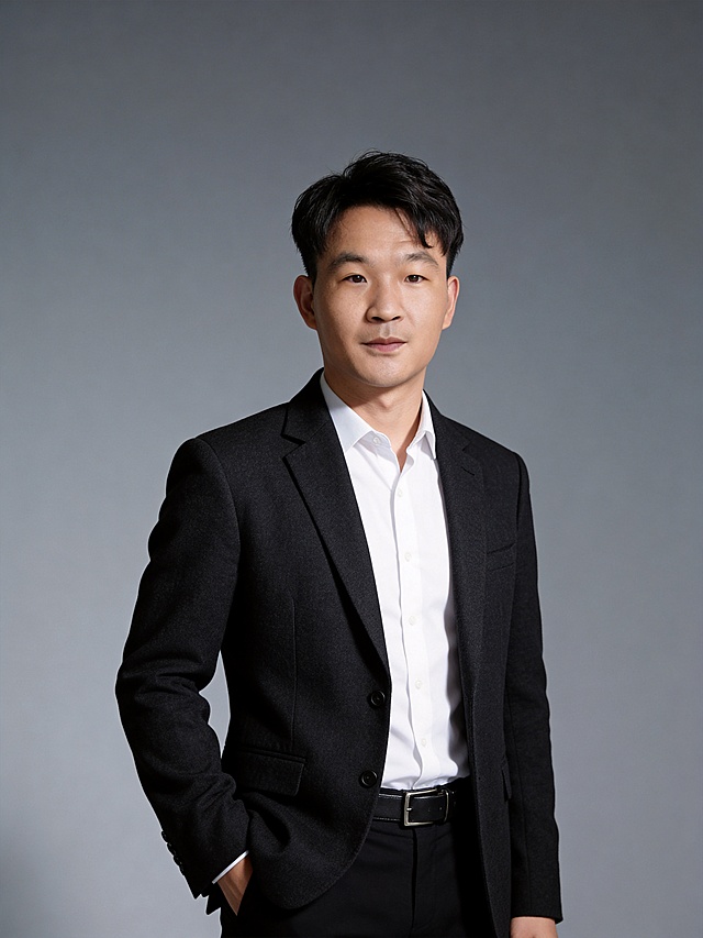 商务感十足的男性肖像，采用性冷淡风与简约主义设计，实景质感突出，印刷风色调沉稳，展现专业与克制的现代美学。