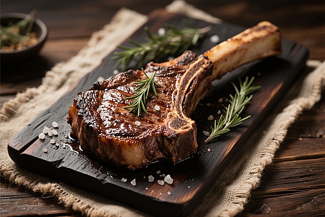 复古油画风与木雕质感结合，实景光影下呈现质朴粗犷的牛排，佐以迷迭香与粗盐，尽显节日盛宴的温暖氛围。