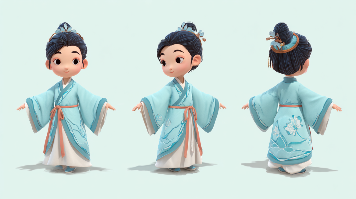 3D cartoon Chinese style young boy IP character design, wearing Chu-style straight robe, lotus acces预览效果