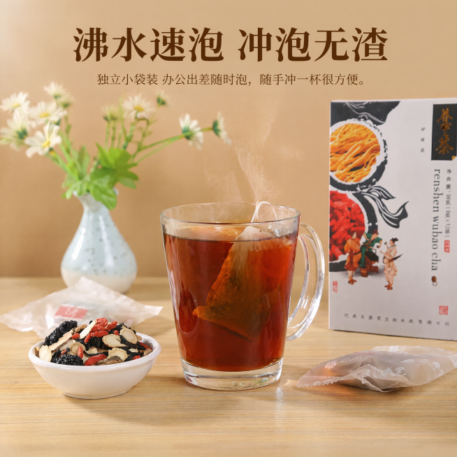 [主图-3] 冲泡展示图，突出产品便捷无渣特点。保持原产品独立包装袋和玻璃杯冲泡效果与输入图片一致，确保外观质感颜色准确，无变形色差。透明玻璃杯盛满泡好的深茶色茶汤，杯壁带淡淡热气氤氲，茶包悬在杯中，预览效果