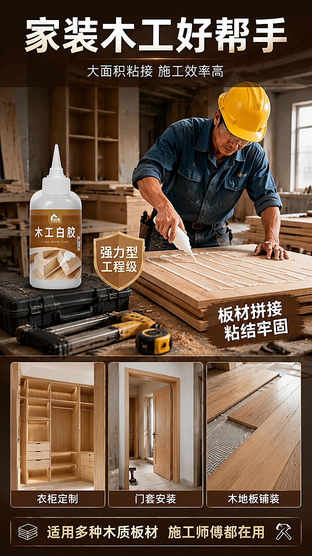 [第9屏] 工程装修场景-家装木工/板材拼接应用。本屏使用【图1】作为工地场景中的产品展示。
[氛围/风格] 专业工程风，工地实景，大气专业，工程摄影质感。
[元素布局] 画面为家装木工施工现场，木工师傅正在用白胶拼接实木板材/安装定制衣柜；背景有板材堆、气钉枪、卷尺等专业工具；【图1】产品瓶身放在工具箱上，旁边有正在涂胶的木板特写；展示大面积板材拼接、门套安装、衣柜制作等多个应用小图；整体氛围专业高效。
[光影质感] 工地明亮照明，主光打在施工区域，突出施工动作和产品，光影硬朗有力量感。
[配色色系] 全局底色 #5C4033 深棕工程风；主色白色瓶身+原木板材；辅助色黄色安全帽、蓝色工服点缀。
[视角构图] 中央施工大图为主体，下方3张小图展示不同应用，阅读动线顶部标题→中央场景→下方多场景展示。
[文字版式] 顶部大标题「家装木工好帮手」，副标题「大面积粘接 施工效率高」；中央大图旁标注「板材拼接 粘结牢固」；下方3个小场景标签：「衣柜定制」「门套安装」「木地板铺装」；底部信息条「适用多种木质板材 施工师傅都在用」；产品旁标注「强力型 工程级」。
[比例分辨率] 9:16竖版比例，4K分辨率，文字清晰可辨。
[负向提示词] 产品变形，标签错乱，文字过小，水印，画面模糊，人物面部不清。