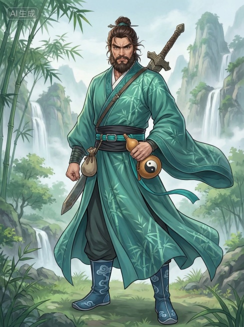 「图片1」类似画风的古装仙侠图，中年侠客，深棕色束发，络腮胡眼神不羁，身着青绿色竹纹长袍，黑色腰封配青色腰带，背后斜挎古剑，手持太极图酒葫芦，腰间挂小布袋，脚蹬蓝色云纹靴，线条流畅，预览效果