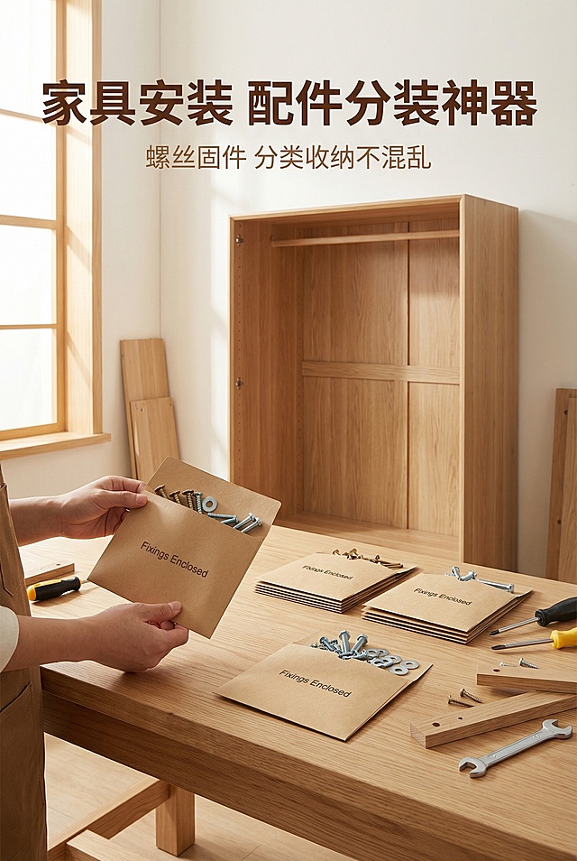 严格还原上传牛皮纸五金配件信封袋参考图，精准复刻包装设计、产品配色、“Fixings Enclosed”文字位置及比例、字体、图案细节，色彩无失真，产品与道具比例遵循真实物理空间逻辑，比例1:1。淘宝高点击率实景风，暖调自然光，高级简约，莫兰迪暖棕+原木色，无衬线字体，杂志级版式，300dpi高清，无噪点无模糊，真实场景生活化氛围，全页统一简约无衬线字体，主标题加粗放大居中，副标题紧跟主标题下方居中，主色深棕，辅助色浅棕、原木色、米白，饱和度35%，明度85%，柔和窗边自然光从画面左侧45°斜射，光影过渡自然，无强反光无重阴影，突出产品质感。画面2:3竖版，主标题“家具安装 配件分装神器”位于画面上1/5居中，加粗无衬线深棕色字体；副标题“螺丝固件 分类收纳不混乱”在主标题下方8px处居中，浅棕色。画面主体为真实家具安装场景，木质衣柜旁，多个牛皮纸袋（装不同规格螺丝）整齐摆放在浅原木色工作台上，工人正在打包，产品占画面50%比例，真实还原8×10cm尺寸与场景比例。背景为明亮的木工房/家居安装场景，浅木色+米白色，留白占比30%。点缀螺丝刀、扳手、家具零件道具，不遮挡核心产品。负面元素：细节模糊、场景突兀、道具多余、比例失衡、产品变形、文字错位、字体杂乱、背景杂乱、色彩失真、光影生硬、噪点、水印、色彩饱和度高、重影、模糊、透视错误、排版拥挤、留白不足、边缘毛刺、场景虚假、人物变形
