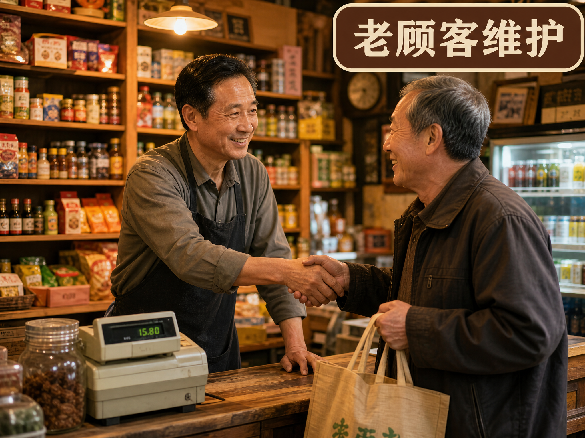 写实风格实体店场景，4:3比例，画面中央是一位中年老板站在柜台… - 图片创意预览