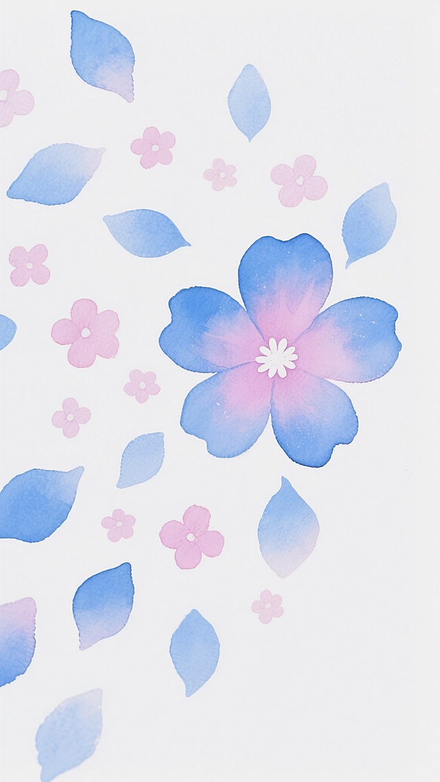 水彩风格花卉装饰图案，以清新的粉蓝色系为主色调，画面右下角为视觉焦点，一朵盛开的粉蓝色花朵位于中心位置，花瓣边缘柔和渐变，中心点缀白色花蕊，周围环绕大小不一的粉蓝色花瓣与小花，部分花瓣呈现半透明的水彩晕染效果，整体构图呈自然散落状，背景为纯白色，色彩过渡自然柔和，保持水彩特有的轻盈通透质感与随意笔触，营造出淡雅清新的氛围。