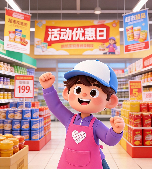 该卡通人物遇到超市活动优惠日，激动的手舞足蹈的场景