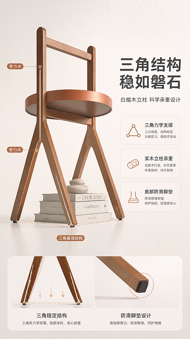 [商品] 使用【图1】DJ-8853角几；保留完整结构与颜色；商品处理：突出三角立柱结构的力学美感，增强实木立柱的厚重感与稳定性视觉。
[画面] 目标：结构框架解析，展示三角稳固结构与承托力。构图：左图右文，左侧约2/3为产品结构展示，右侧1/3为文案说明区。产品取偏低仰视角度，重点突出底部三角支撑结构，用虚线和引线标注受力点与结构原理。背景为浅暖灰渐变，搭配几何结构线稿装饰。底部放置承重示意（如几本书籍或装饰摆件）体现稳固性。
[视觉] 套系策略：风格=现代北欧简约高级商业摄影；标题字=现代无衬线粗体；正文字=简洁无衬线体；主色=暖米白；背景延展=基于暖米白做深浅层级、同色渐变和细腻哑光质感；强调色=暖橙棕，仅用于小面积图标、引线和标签；标题色=深炭灰；正文色=中暖灰；组件=圆角浅底信息卡、细线引线、胶囊形卖点框；光影=左前侧暖柔光，柔和自然阴影。
[文字] 右侧文案区：主标题"三角结构 稳如磐石"，副标题"白蜡木立柱 科学承重设计"，下方3条结构卖点："三角力学支撑""实木立柱承重""底部防滑脚垫"，每条配结构图标。文字横排，层级清晰。
[规格] 图片比例9:16竖版，4K，负向提示：避免变形、错字、文字过小、冷蓝背景、产品颜色改变、结构失真、极限词、水印、二维码。