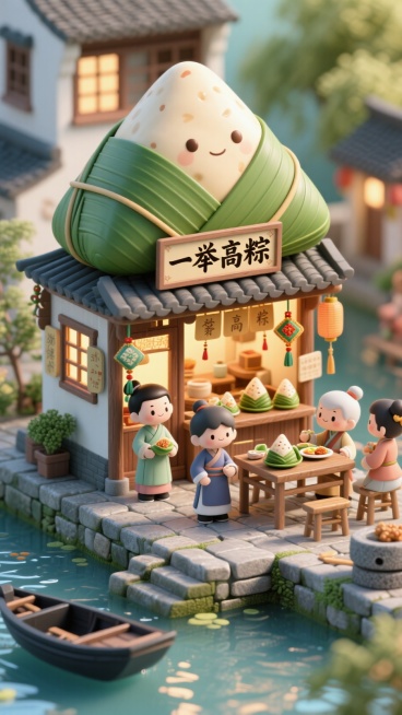 一个巨大粽子形状的店铺，半裹着粽叶，粽子有窗户，招牌写“一举高粽” ，门口挂端午节香囊，屋内透出暖光。店铺周围有江南水乡元素，石砌河岸、水面、乌篷船，岸边有石磨，穿着中式传统服饰的小人物，有站在店门口预览效果