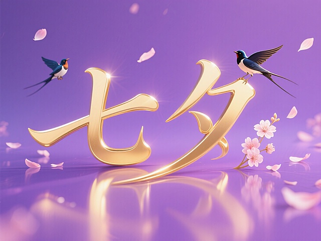 梦幻浪漫的七夕节，鎏金大字风设计，3D立体感与花瓣飞舞，营造唯美的节日氛围。