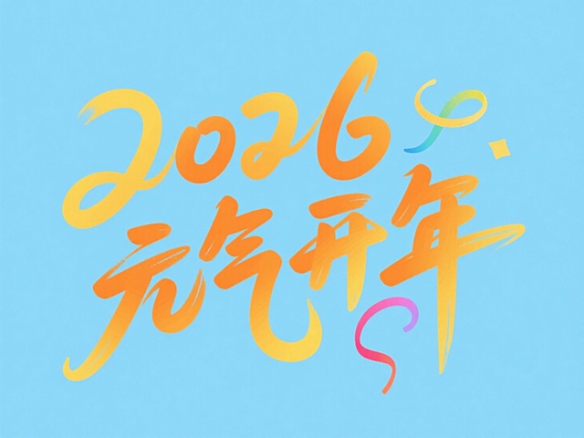 水彩风手绘字体，融合大字风与气笔风，橙黄渐变呼应喜庆感，清新蓝底衬托潮流感，元气开年主题跃然纸上。