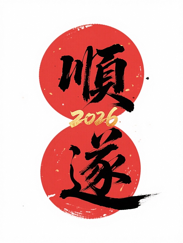 主体是红色春联，两个红色圆形上下拼接，内部写着苍劲的黑色毛笔书法 “顺遂” 二字，点缀金色渐变的 “2026” 。白色背景