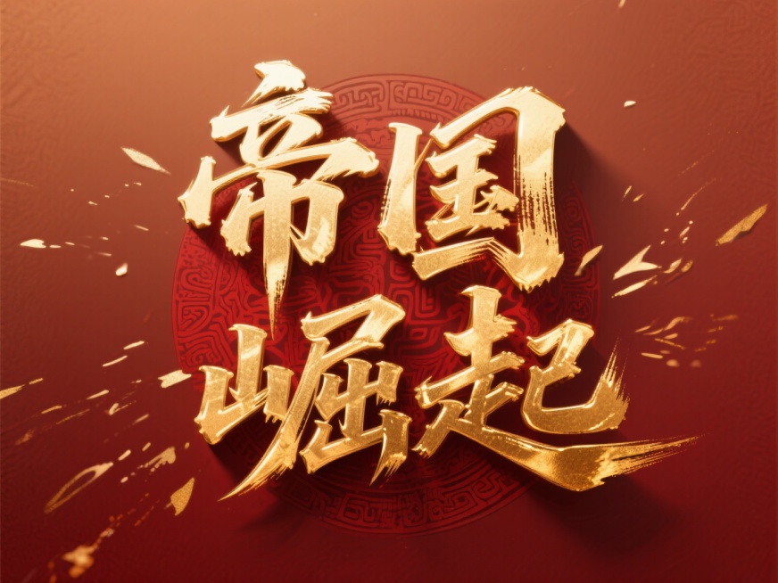 文案“帝国崛起”金色字体，加20透明度投影，金属烫金质感加强，红棕色背景，冲击感，红金，藏纹元素预览效果
