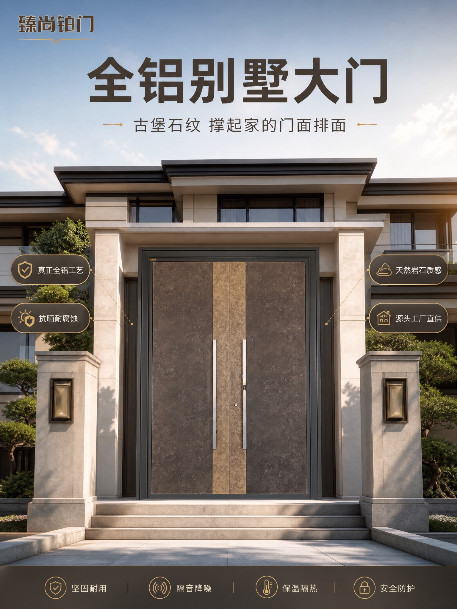[商品] 使用【图1】臻尚铂门古堡石纹全铝别墅双开门；保留深灰… - 图片创意预览