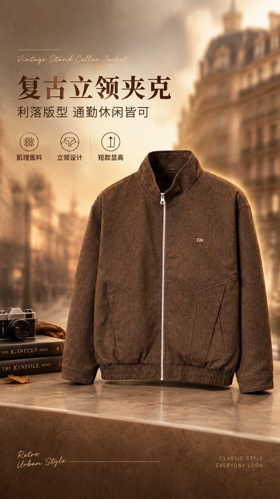 [商品] 使用【图1】复古棕色立领拉链夹克；商品处理：保留立领… - 图片创意预览