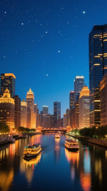 一张城市夜景的广角摄影照片，深蓝色的夜空中布满闪烁的星星，城市的天际线由众多高楼大厦组成，建筑顶部和窗户都亮着温暖的黄色和橙色灯光，一条河流从城市中间穿过，河面上有几艘亮着灯的游船，水面倒映着岸边建筑和灯光的色彩，形成美丽的光影效果，整体氛围宁静而繁华，展现出城市夜晚的魅力。预览效果