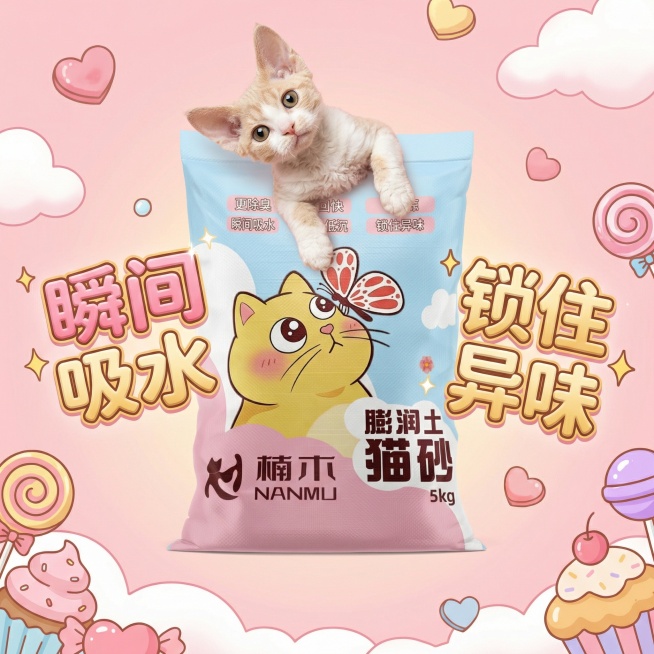 我是在拼多多卖猫砂的 帮我设计十张主图 可爱一点 最好有小猫预览效果