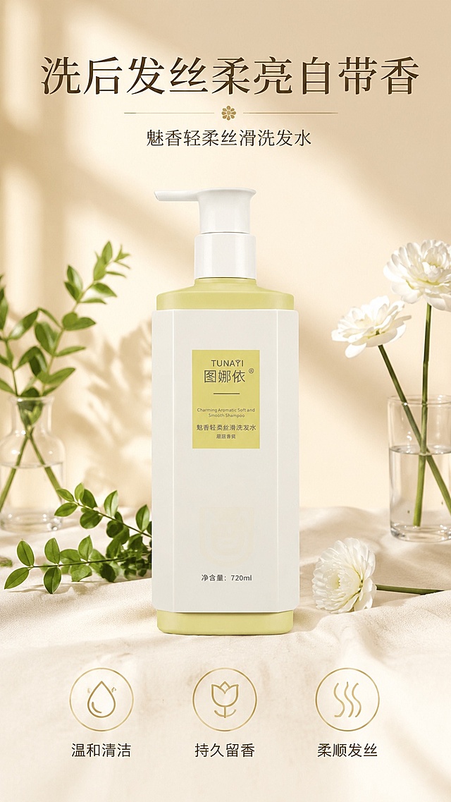 [第1屏] 详情页头图-图娜依魅香轻柔丝滑洗发水主视觉海报。本屏使用【图1】作为商品主体。
[氛围/风格] 清新自然高级氛围感，浅暖米调背景搭配花艺绿植，商业摄影质感，细腻光影。
[元素布局] 洗发水产品置于画面视觉中心，占比约65%；画面左侧保留绿植枝条，右侧搭配白色花艺点缀，底部铺柔软米色织物；产品瓶身结构、颜色、品牌信息与输入图保持完全一致。
[光影质感] 左前方柔光打亮产品瓶身，右侧背景保留自然光影渐变，瓶身高光清晰，底部柔和投影，整体通透干净。
[配色色系] 全局底色 #F9F3E9；主色产品本身的浅黄奶白；辅助色保留绿植翠绿、花艺奶白点缀。
[视角构图] 正面平视角度，产品为绝对视觉中心，阅读动线从上标题到中心产品到底部信息点，自然流畅。
[文字版式] 顶部为大标题「洗后发丝柔亮自带香」，副标题「魅香轻柔丝滑洗发水」，居中排版，字体简洁柔和；底部三个圆形信息图标，分别标注「温和清洁」「持久留香」「柔顺发丝」，文字清晰不遮挡产品主体。
[比例分辨率] 9:16 竖版比例，4K分辨率，文字清晰可辨，高清画质。
[负向提示词] 产品变形，瓶身文字错乱，颜色偏差，缺件错件，水印，背景杂乱，文字过小，夸张功效词