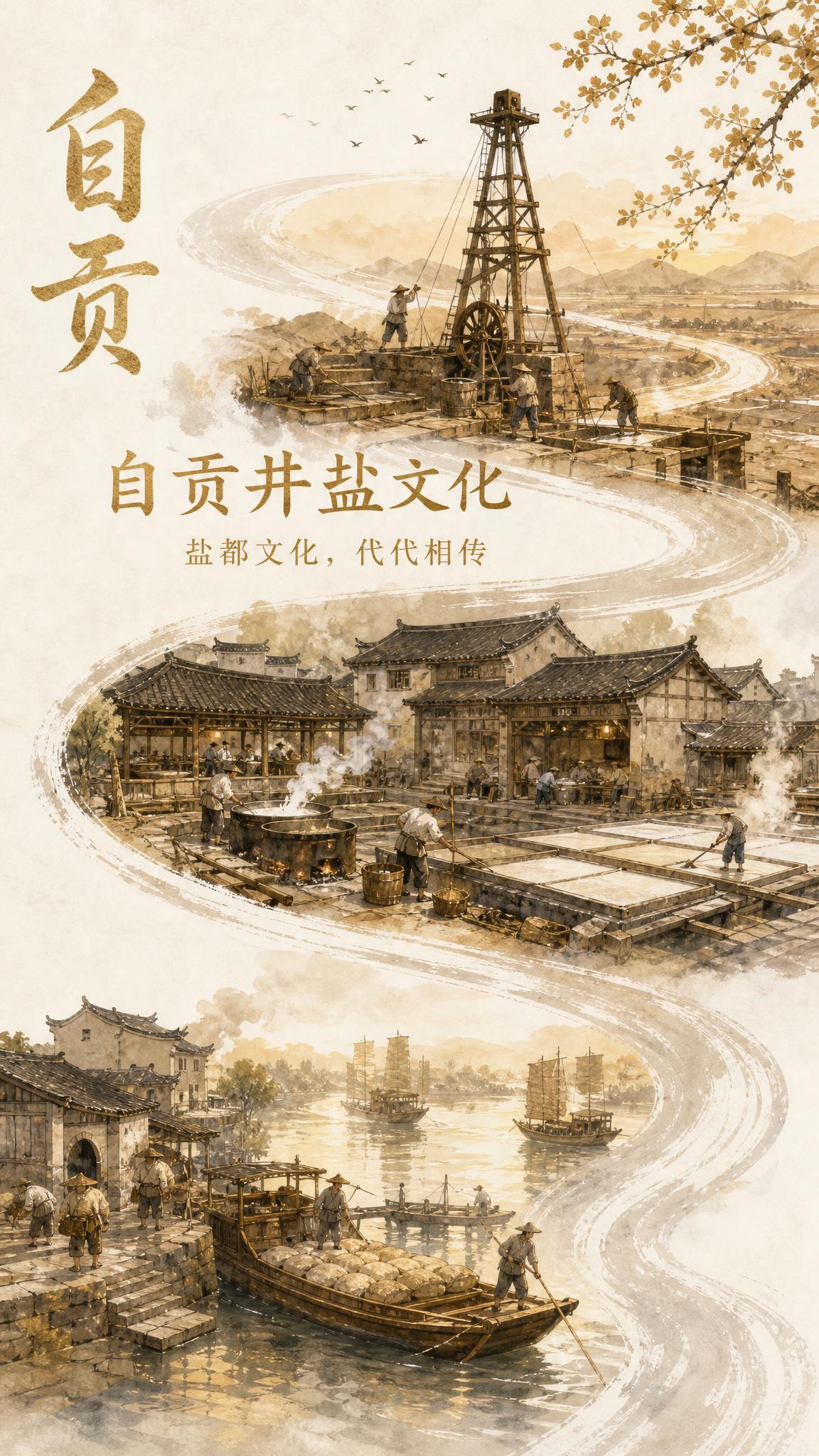 参考图的版式骨架和S形蜿蜒河流构图完全保留，国风新中式水彩手绘… - 图片创意预览