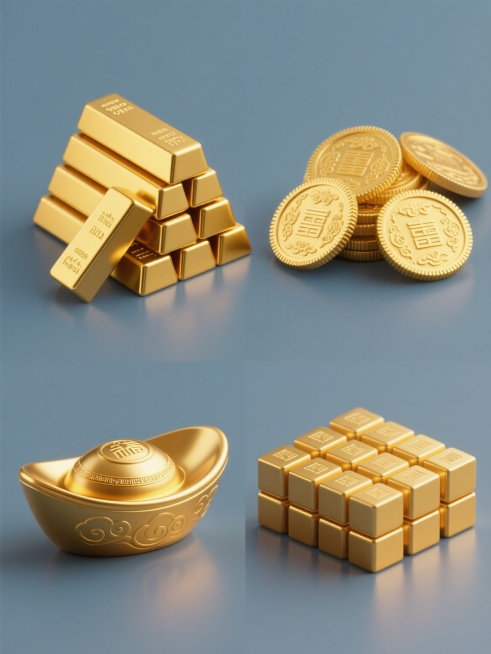 系列黄金元素素材集合，保持3D渲染风格，纯色背景，每个元素均呈现高光泽金属质感，精确的光影反射，平滑渐变的金色调，规整排布。第一张：堆叠的金条，棱角分明，错落有致；第二张：金币组合，正面带有古典花纹图案，边缘齿状，部分金币倾斜叠放；第三张：黄金元宝，传统船型造型，底部平整，顶部圆弧，表面有祥云纹理；第四张：金砖立方体，整齐排列成方阵，每个金砖大小一致，表面光滑无瑕疵。整体画面简洁，色彩统一为金……预览效果