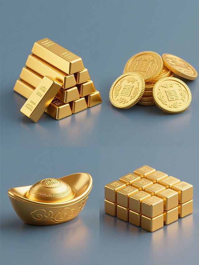 系列黄金元素素材集合，保持3D渲染风格，纯色背景，每个元素均呈现高光泽金属质感，精确的光影反射，平滑渐变的金色调，规整排布。第一张：堆叠的金条，棱角分明，错落有致；第二张：金币组合，正面带有古典花纹图案，边缘齿状，部分金币倾斜叠放；第三张：黄金元宝，传统船型造型，底部平整，顶部圆弧，表面有祥云纹理；第四张：金砖立方体，整齐排列成方阵，每个金砖大小一致，表面光滑无瑕疵。整体画面简洁，色彩统一为金黄色，元素间留有均匀空隙，形成平衡的视觉布局，无文字、LOGO及二维码。