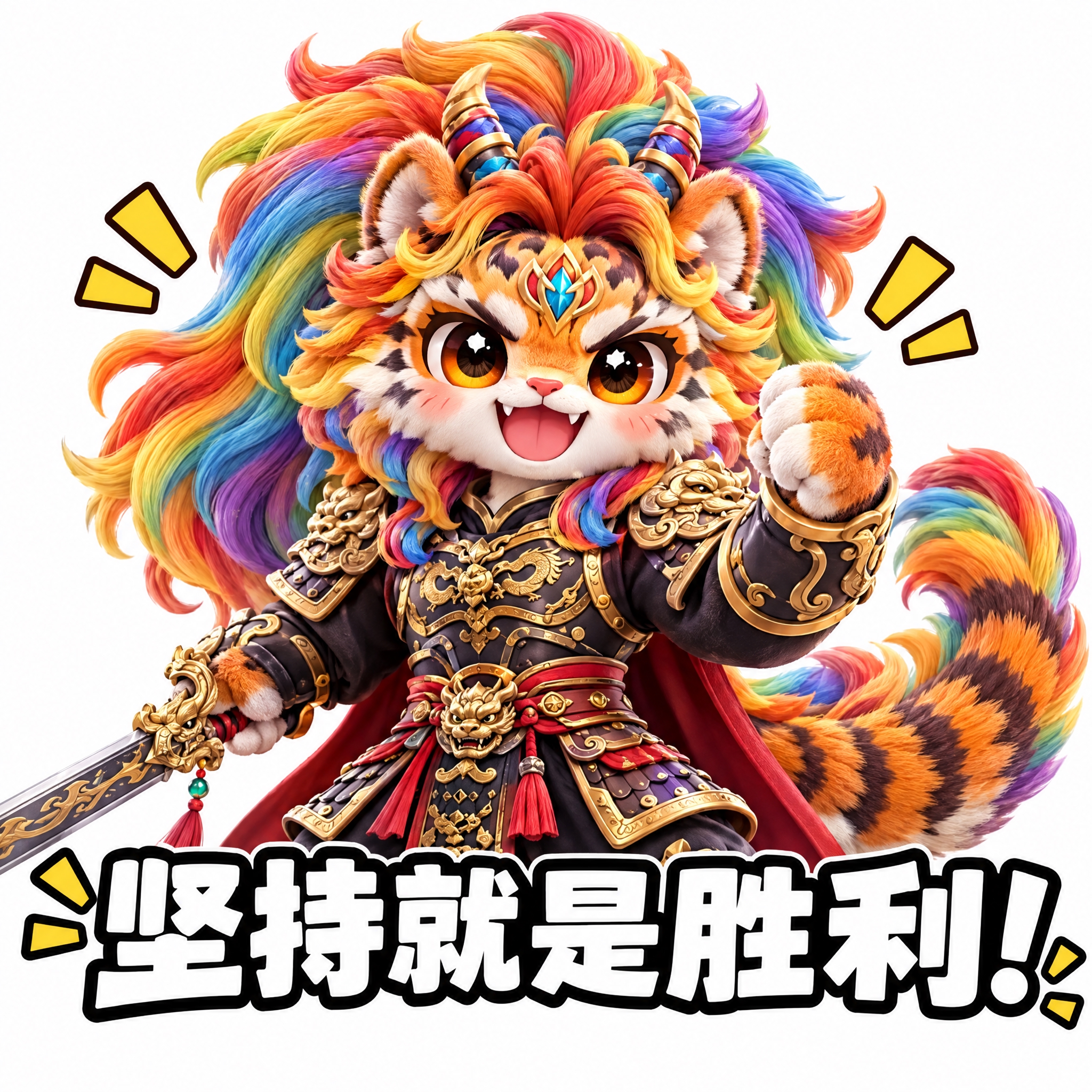 参考图中的彩虹鬃毛虎形神兽（穿黑色铠甲、持剑），做成可爱表情包… - 图片创意预览