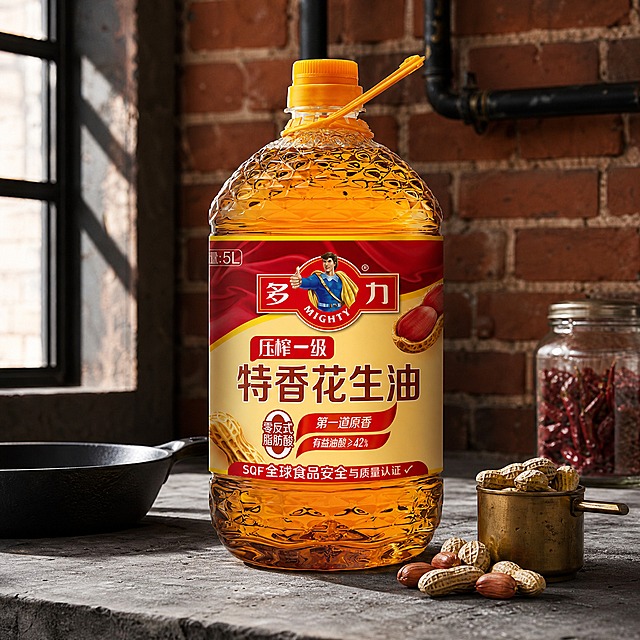 超写实商品摄影。
主体：花生油桶严格参照上传产品图，完整保留所有可见组件、部件、轮廓、结构、比例、材质、颜色与产品本体上的文字信息（logo/型号/规格/参数/浮雕/刻度等），与上传图完全一致；自然融入场景光影，与场景共处同一物理空间。产品占画面约55%，完整不裁切，中景构图，背景无其他同类食用油产品。
构图：黄金分割，微侧12°平视。
风格：工业风厨房台面。
场景：工业风厨房水泥台面，午后窗边硬光。
空间：①台面，深灰色清水混凝土台面；②背景，裸露红砖墙与黑色金属管道；③左侧，黑色边框大窗透进强光。
陈设：①油桶左侧，一只黑色铸铁煎锅；②油桶右前方，一只做旧黄铜小罐盛着花生；③台面后方，一只透明玻璃罐装着红色干辣椒。
配色/材质：水泥灰/砖红/铸铁黑/黄铜金/油金黄；混凝土/红砖/铸铁/黄铜/玻璃/塑料。
光影：主光从左侧窗户硬光斜入，明暗对比强烈；油桶一侧高光一侧入暗，水泥台面有粗糙纹理光影，工业风质感十足。
参数：写实光追。严格锁定宽高比为1:1。