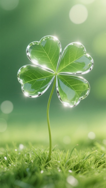 一株晶莹剔透的玻璃质感四叶草，叶片呈心形，边缘有精致的银色包边，整体通透翠绿，折射出柔和的光泽，叶片上有细腻的脉络纹理，四片叶子饱满对称，下方连接着弯曲的细长茎秆，立于青翠的草地上，背景是朦胧的绿色渐变，带有自然的光斑和柔和的阳光效果，整体画面清新、明亮，充满生机与希望，氛围宁静而美好，具有高度的写实感和细腻的光影表现。预览效果