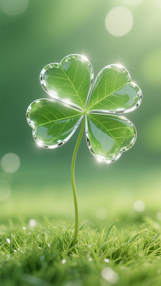 一株晶莹剔透的玻璃质感四叶草，叶片呈心形，边缘有精致的银色包边，整体通透翠绿，折射出柔和的光泽，叶片上有细腻的脉络纹理，四片叶子饱满对称，下方连接着弯曲的细长茎秆，立于青翠的草地上，背景是朦胧的绿色渐变，带有自然的光斑和柔和的阳光效果，整体画面清新、明亮，充满生机与希望，氛围宁静而美好，具有高度的写实感和细腻的光影表现。