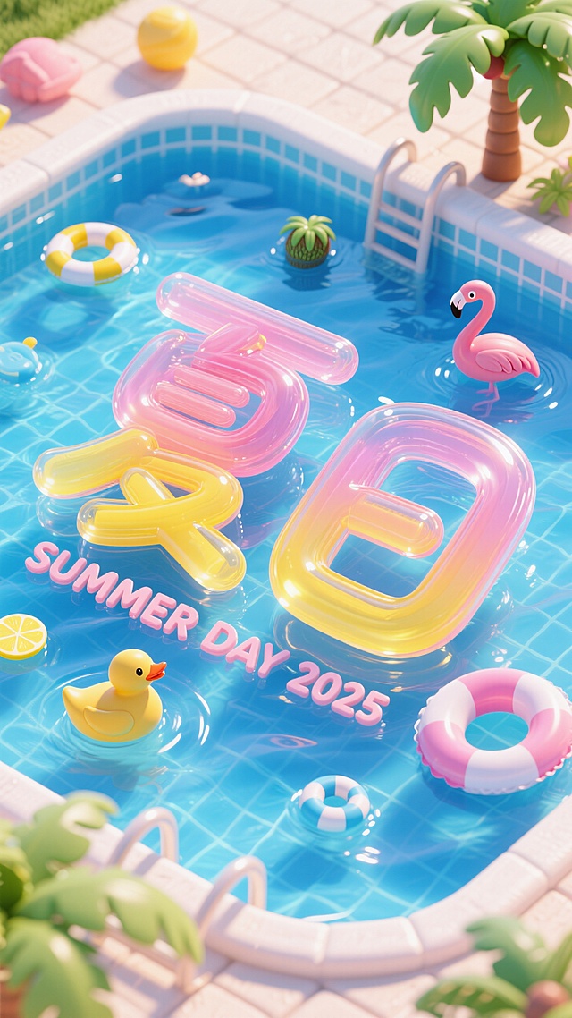 清新软3D风泳池场景，色彩鲜艳的浮具与字母装饰，营造夏日度假氛围。