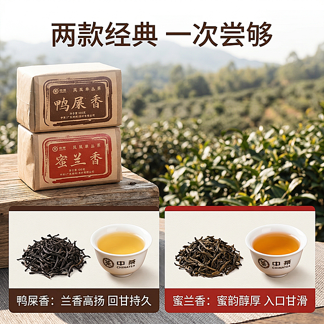 [垫图]输入图
[主图主题]中茶鸭屎香蜜兰香双拼风味卖点图
[氛围/风格]复古写实风格，明亮自然光，突出双味优势
[画面元素]双拼包装放在画面左侧，右侧分栏展示鸭屎香干茶+茶汤和蜜兰香干茶+茶汤，分别标注对应风味特点，背景为潮州凤凰山茶园实景浅虚化，背景铺满全屏无边框
[配色色系]主色调：牛皮棕、茶汤黄、茶褐；辅助色：鸭屎香深棕、蜜兰香红色
[视角构图]平视角度，双栏分布，排版清晰
[文字版式]顶部主标题“两款经典 一次尝够”，左侧标注“鸭屎香：兰香高扬 回甘持久”，右侧标注“蜜兰香：蜜韵醇厚 入口甘滑”，卖点文字为深棕色无衬线体，悬浮于背景不遮挡产品
[比例分辨率]1:1 比例，2k 分辨率