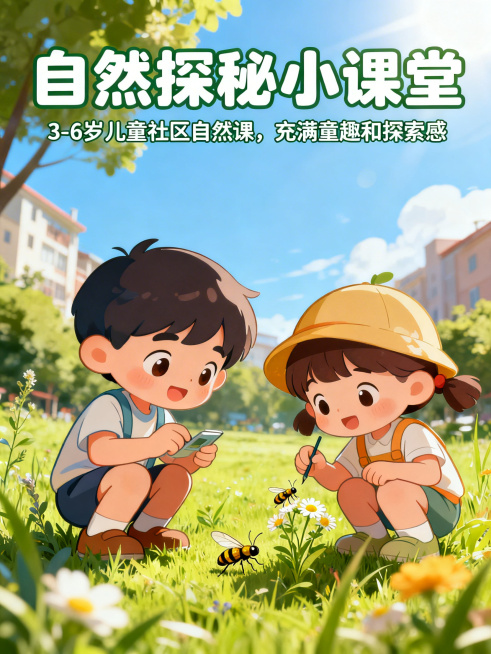 儿童社区教育自然探秘课程封面，针对3-6岁儿童，社区户外自然环境，阳光明媚的草地上，可爱卡通风格的小朋友正在观察小昆虫和野花，整体色调明亮清新活泼，顶部大标题写着“自然探秘小课堂”，副标题写着“3-6预览效果