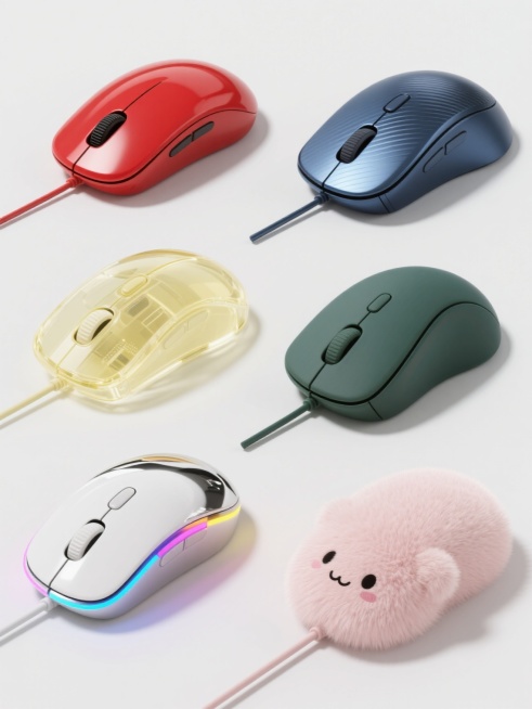 六只不同设计风格的有线电脑鼠标，以整齐的网格状排列在纯白色背景上，每只鼠标保持原图简洁流畅的轮廓线条但具有独特的颜色与材质：1. 亮红色光滑塑料材质搭配黑色滚轮的现代简约风格鼠标；2. 深蓝色磨砂金属质感并带有拉丝纹理的工业风鼠标；3. 嫩黄色半透明亚克力材质可隐约看到内部结构的科技感鼠标；4. 深绿色哑光橡胶表面的人体工学设计鼠标；5. 银白色镜面抛光金属搭配彩色LED灯带的赛博朋克风鼠标；……预览效果