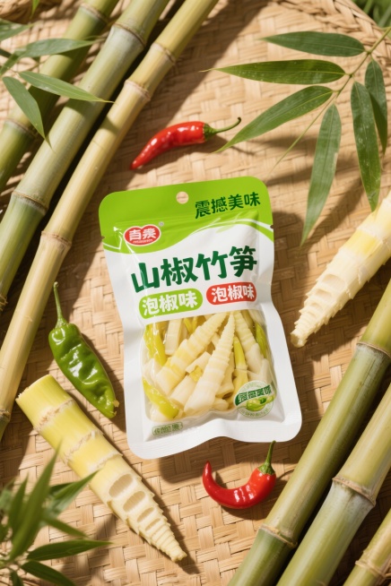 一张山椒竹笋的美食宣传海报，画面中央是一袋山椒竹笋产品，包装袋上印有“山椒竹笋”和“泡椒味”字样，周围环绕着新鲜的竹笋、泡椒和绿色竹叶，背景是竹编纹理的浅棕色，整体色调鲜亮诱人，突出“震撼美味”的主题预览效果