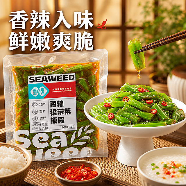 优化版电商主图，香辣裙带菜梗段产品主图，高点击率高转化风格。画面主体：左侧摆放一包透明包装的香辣裙带菜梗段（包装上有SEAWEED字样和香辣裙带菜梗段文字），右侧是一碗盛在白色高足碗里的香辣裙带菜梗段，翠绿饱满，撒有红辣椒圈和白芝麻，酱汁鲜亮有光泽，用筷子夹起一块裙带菜梗，酱汁欲滴的动态感。食用场景：背景是温馨的中式餐桌场景，有米饭、清粥、小碟子，营造佐餐下饭菜的食用氛围，让人有强烈食欲。画面左上角有醒目大字文案"香辣入味 鲜嫩爽脆"，去掉右下角的开胃解腻文字。整体色调明亮温暖，食物质感真实诱人，商业美食摄影风格，光影柔和有层次，景深自然，突出产品食欲感和食用场景感，画面干净高级。