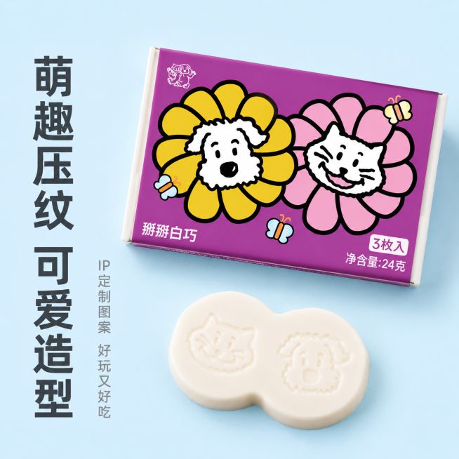 [主图-3] 掰掰巧克力细节展示图。氛围风格：简约干净清新风。画质：商业摄影质感、光线柔和通透、产品清晰真实、画面干净高级。元素：将巧克力包装盒和巧克力块做主体放大展示，特写呈现巧克力表面的猫狗压纹细预览效果