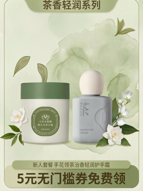 去掉左上角的两个促销角标，保持浅绿水彩晕染背景自然过渡，其余设计和内容不变：浅禾开业爆发促销小红书封面，冷霜+护手霜套装，竖版3:4尺寸，浅绿水彩晕染底，C位摆放身体冷霜+护手霜组合套装，周围搭配茉莉预览效果