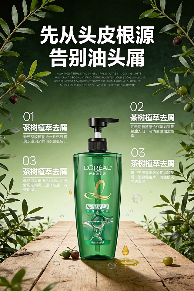 2:3竖版电商详情页首屏海报，欧莱雅茶树植萃去屑净油洗发露绿色按压瓶放置在画面视觉中心偏下位置，风化浅木色平台从画面底部向左右延伸，大量天然茶树枝叶从画面两侧向中心舒展，茶树果实、萃取精油液滴和气泡散落在产品周围，形成自然场景包裹感，画面上半部分大面积留白用于标题排版；森系自然绿色系，背景从深墨绿到浅豆绿柔和渐变，产品、道具、背景形成丰富绿色层次，木色暖棕做中和点缀，色调清新天然有生命力；天然植萃风商业摄影，8K高清写实，柔和侧光营造自然光影层次，产品质感温润通透，整体氛围天然健康清爽；文字排版：画面最上方居中放置超大号白色加粗主标题「先从头皮根源 告别头油头屑」，主标题下方居中排列浅灰色细体英文说明小字，产品左右两侧错落排列三大卖点，每个卖点以数字序号开头，标题为白色加粗字体，下方搭配对应说明小字；背景为带轻微哑光肌理感的深绿色渐变，无多余杂物，突出天然植萃属性