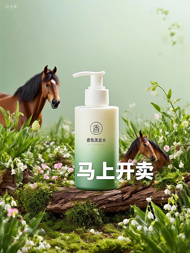 主体放置在覆盖枯木上，周围有绿色苔藓、白色铃兰花、绿叶、粉色小花环绕，背景为浅绿色，光线柔和，一匹毛发顺畅的马趴在旁边，很开心的闻花香，看着我们，比例合适，画面加上白色的字“马上开卖”，文字需要加合适的点缀