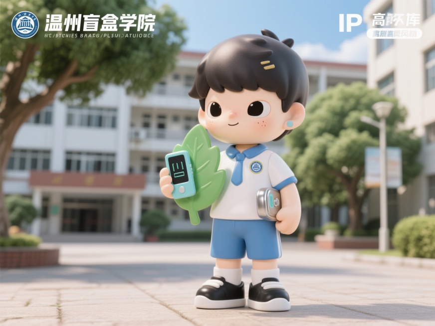 3D潮玩风格的年轻学子IP形象，站立在温州商学院校园场景中，背景有教学楼、图书馆和绿植，人物手持榕树叶形状智能终端，佩戴校徽，整体氛围青春活力，细节清晰预览效果