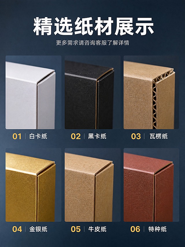 [商品] 使用【图3】【图5】【图7】多款不同材质的包装盒；保留各款盒子的结构和材质特征，包括牛皮纸材质、红棕色卡纸、黄色亮面卡等不同纸材质感。
[画面] 页面目标：6种精选纸材质感展示对比。构图：上方标题+中间纸材样品展示+下方纸材名称的布局。中间展示6种不同纸材质地的包装盒侧面/切面特写，横向或矩阵排列，清晰展示每种纸张的纹理、颜色和厚度差异。纸材样品占画面约55%。背景：深灰蓝色渐变背景，简洁专业，突出纸材质感。阅读动线：从上到下，先看标题，再对比各种纸材效果。
[视觉] 套系策略：风格=工业质感专业商业摄影；标题字=现代无衬线粗体大字；正文字=简洁无衬线体；主色=深灰蓝；背景延展=基于深灰蓝做深浅层级渐变；强调色=暖金色，仅用于序号和重点标注；标题色=白色；正文色=浅灰色；组件=纸材样品卡、编号标签、细线指引；光影=侧光突出纸张纹理和厚度，每种纸材的质感差异清晰可见，牛皮纸粗糙、白卡纸光滑、瓦楞纸有层次。
[文字] 顶部主标题"精选纸材展示"，白色粗体大字居中，下方副标题"更多需求请咨询客服了解详情"，浅灰色中号字。6种纸材下方分别标注名称和编号，白色字体：1.白卡纸 2.黑卡纸 3.瓦楞纸 4.金银纸 5.牛皮纸 6.特种纸。每个纸材样品旁有小号暖金色数字编号。文字全部横排，清晰可读，手机端可辨认。
[规格] 图片比例3:4竖版，4K，medium质量，避免变形、错字、文字过小、纸材质感失真、水印、平台Logo、绝对化用语。