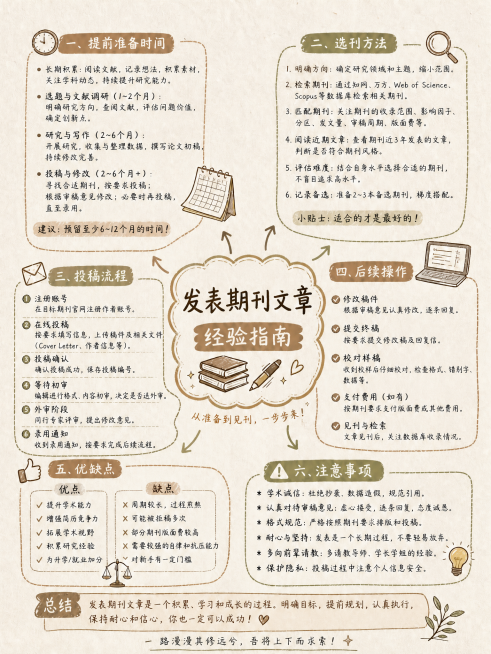 修改这张知识图谱，去掉标题里的"普通学生"字样，改成通用版本的发表期刊文章经验指南，保持现有大地色配色、知识图谱风、中心构图、手绘线条感、纸面纤维背景和3:4比例不变，整理全部文案内容为普适性指南。预览效果
