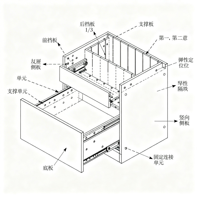抽屉分解结构，分离的前挡板（高度为后挡板1/3）、后挡板、抽屉底板、抽屉侧板，带第一、第二支撑单元和固定连接单元的支撑板，表面有滑轨和定位孔，带滑块和弹性定位珠的竖向隔板，工业机械绘图风格，线条清晰标预览效果