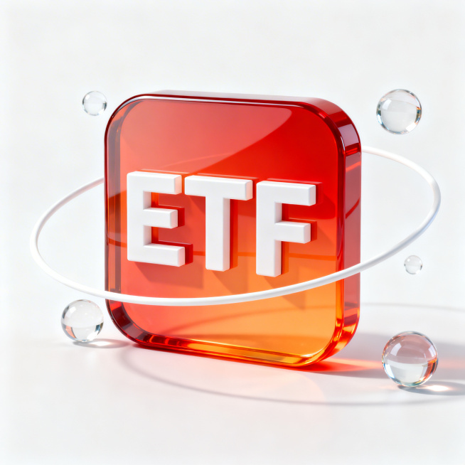 3D icon of ETF in glass morphism style: a square rounded button with smooth red-to-orange gradient g预览效果