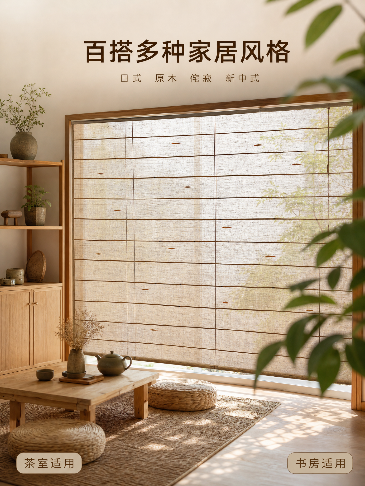 [主图-3] 风格搭配与空间适配图，展示兔尾草编织竹帘在不同家… - 图片创意预览