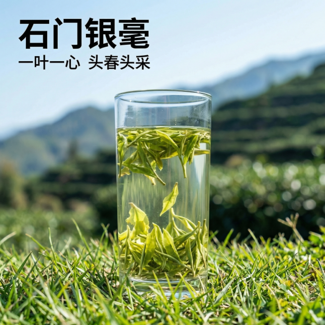 基于当前图片重新生成，移除图片下方的白色边框，让画面整体为满铺无边框构图，保留所有原有元素：左上角文字、左下角文字、冲泡茶叶的玻璃杯、茶园背景，右下角依然保持干净无文字，不出现无污染字样，保持风格、尺预览效果
